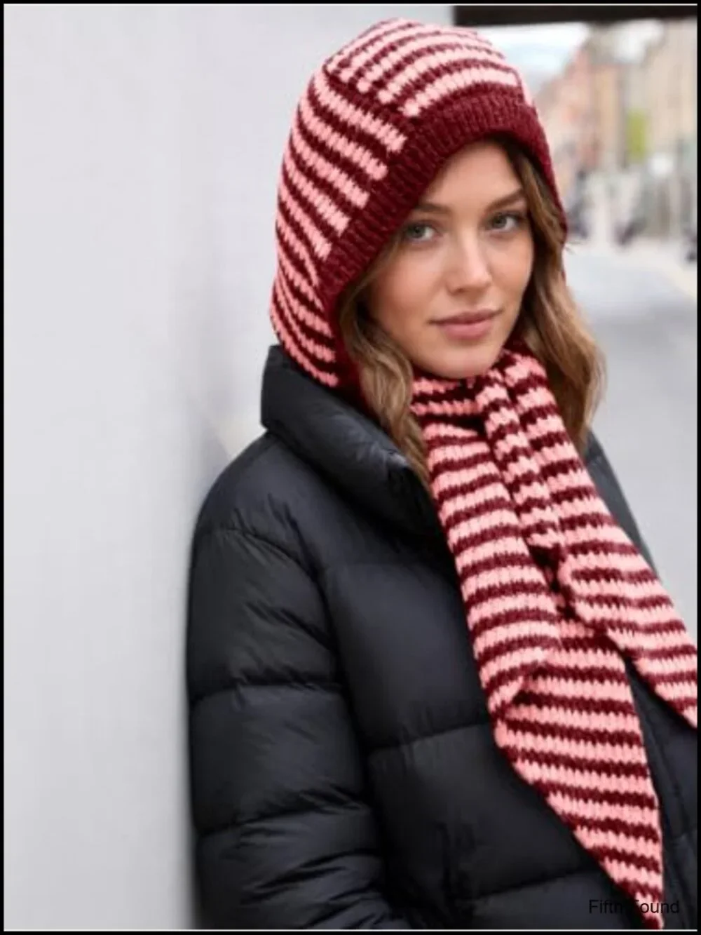 Saodimallsu Striped Hooded Scarf Knit Hat Winter Warm Neck Wrap